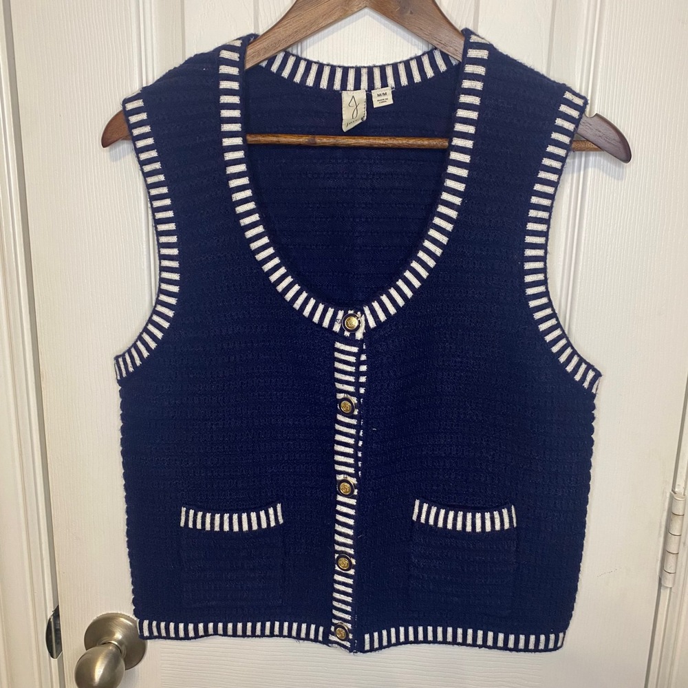 Joie Sweater Vest Womens Medium Blue Striped Knit Gold Button Nautical Preppy